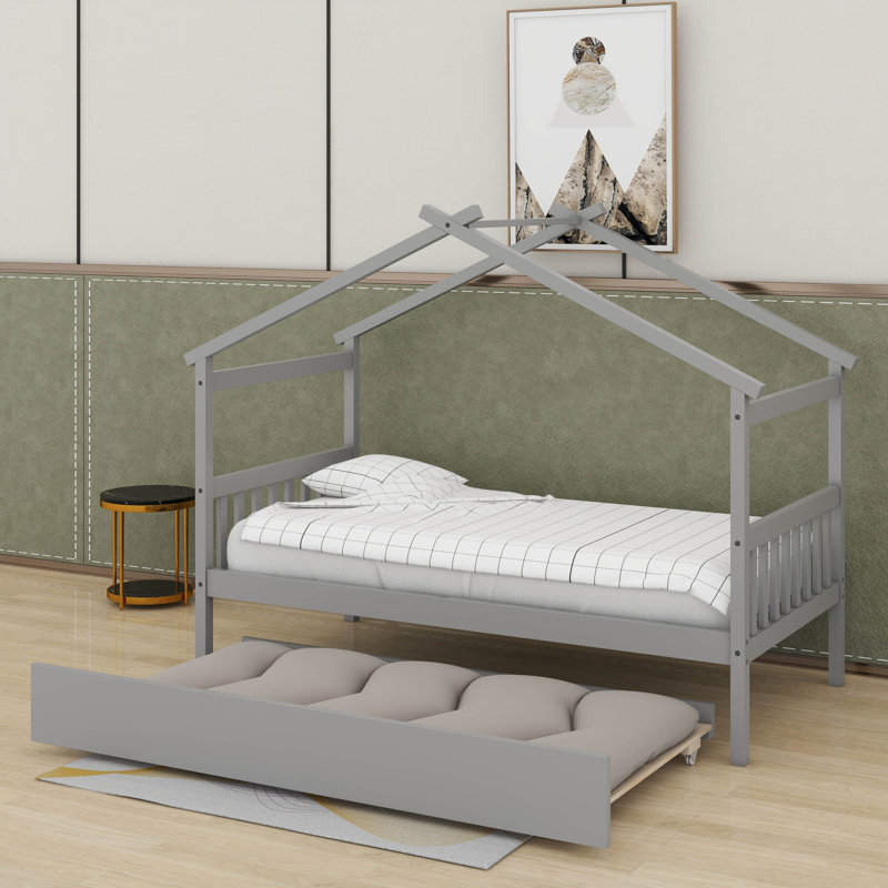 Lit simple en bois avec lit gigogne simple, Gris, Simple