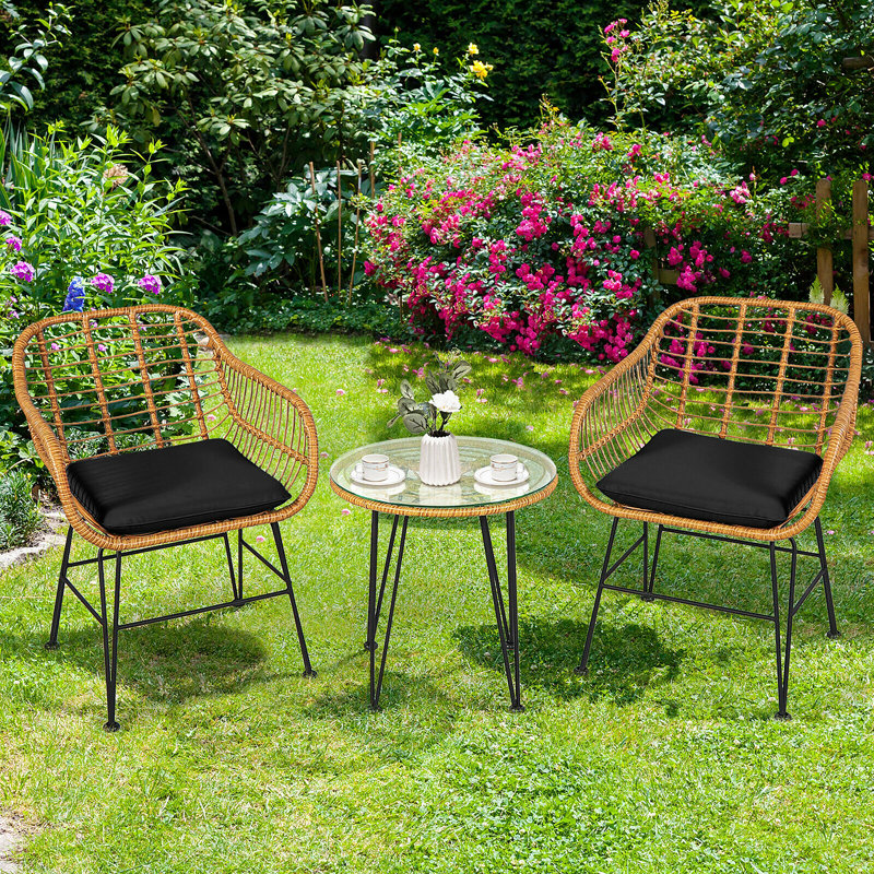 Brookley 2 - Person Wicker Patio Dining Set with Round Table , Cushions Included, Claybank, Black