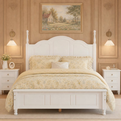 Full Size Wood Platform Bed Frame,Retro Style Platform Bed with Wooden Slat Support,White Solid Wood Bed Frame No Box Spring Needed