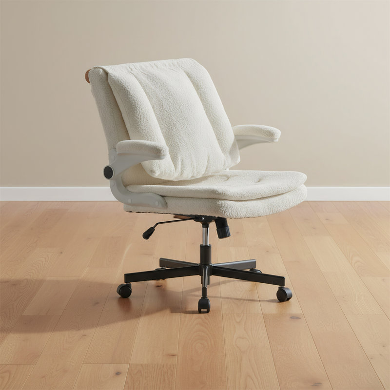 Chaise de bureau pivotante avec roulettes et base à pieds croisés, avec siège large et confortable, Beige