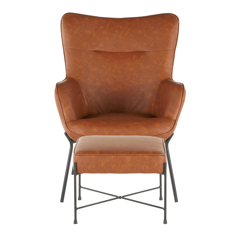 Ensemble de fauteuil et repose-pieds Izzy en métal noir et similicuir brun clair