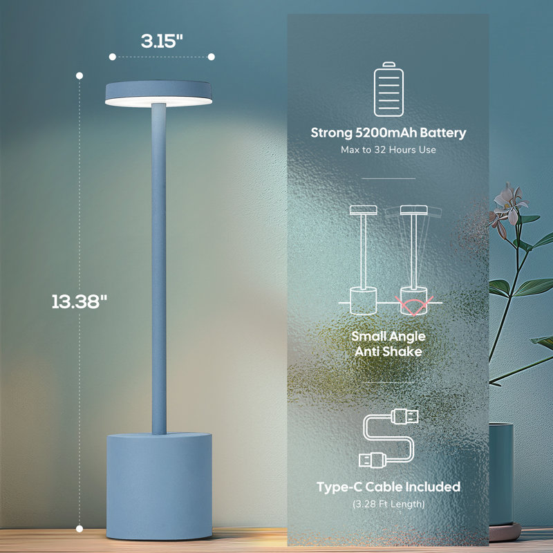 Cordless LED Dimmable Table Lamps Touch Control, Rechargeable Type C (Set Of 2) For Home Office Restaurant Bedroom Bars, Blue