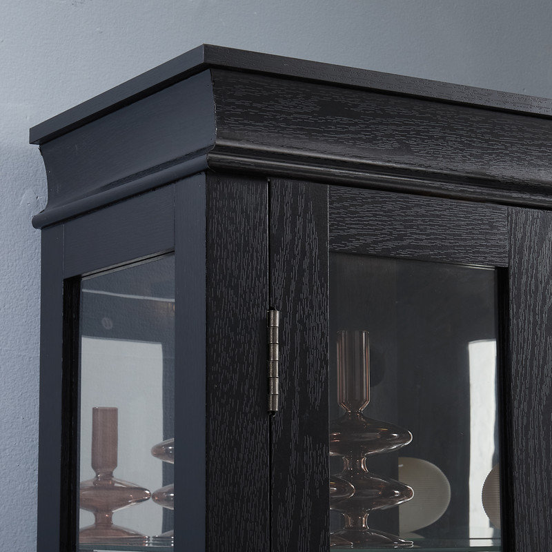Vitrine lumineuse en verre avec tablettes réglables et cadre en bois