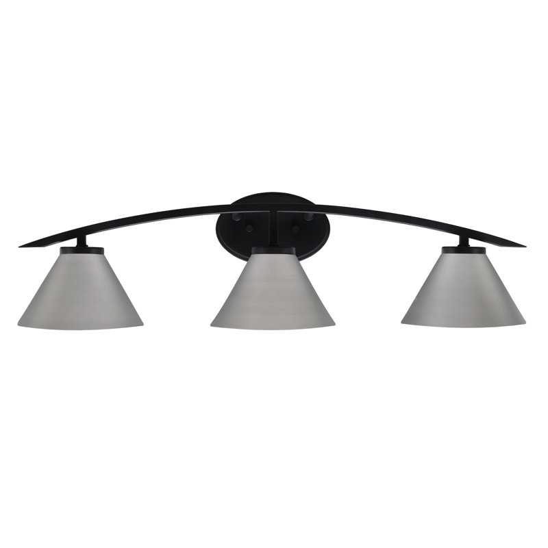 Barre d'éclairage de salle de bain 3 lumières avec abat-jour conique en métal 7 po Kurve, Argent argent, Noir mat