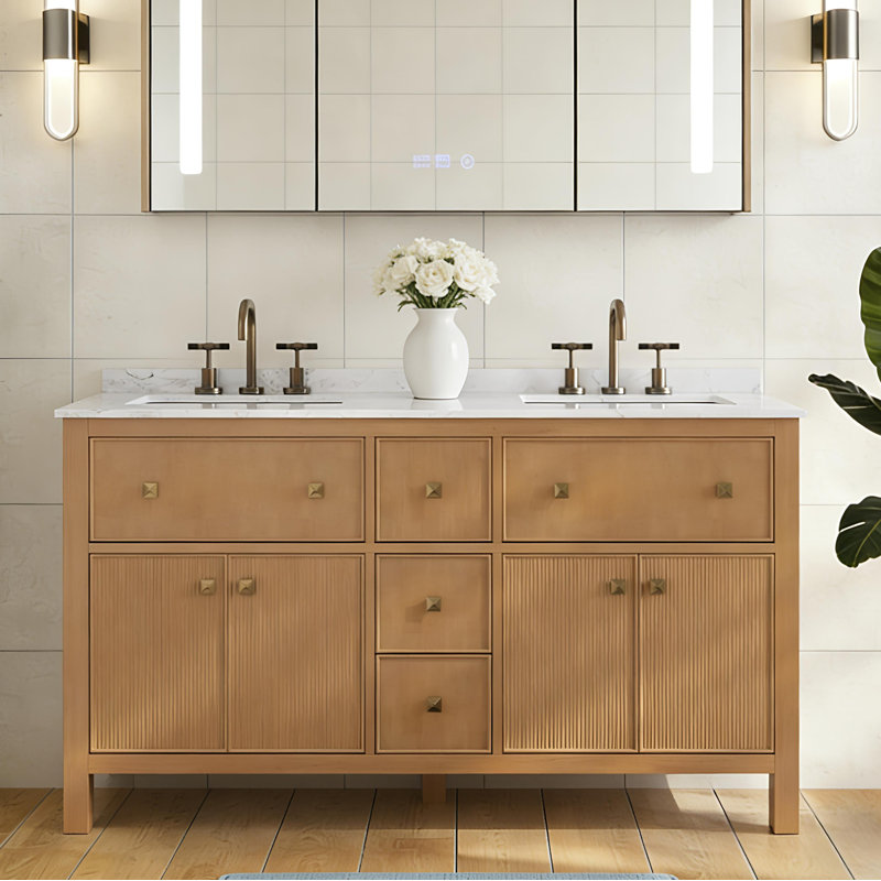 Lignum 60" Fully Assembled Double Bathroom Vanity with Engineered Marble Top, Soft Closing and Splash Guard