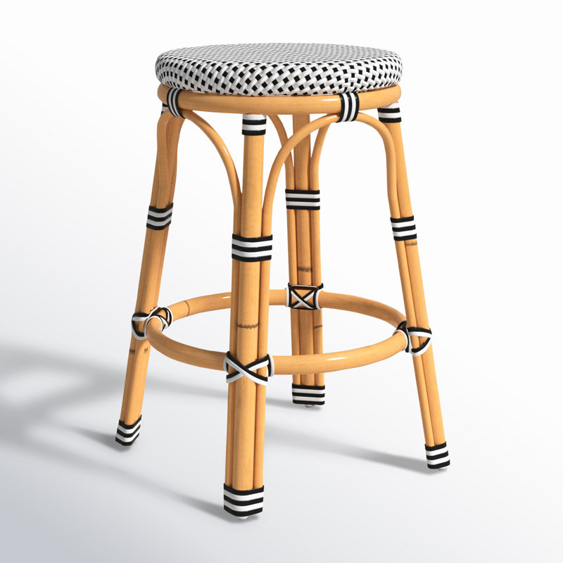 Tobias Outdoor Rattan and Metal Counter Stool, Black/White