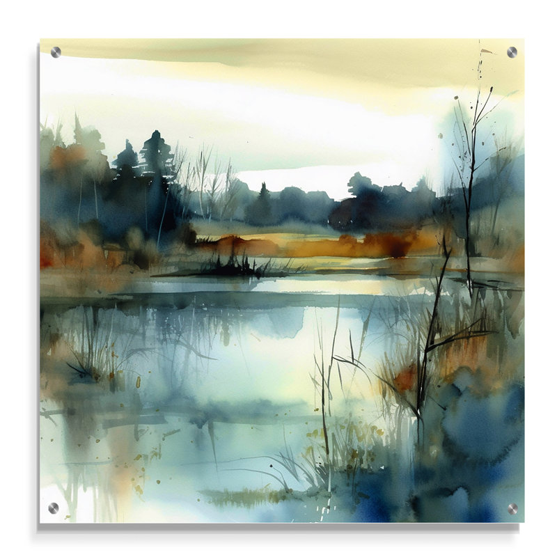Été lac paysage Illustration II - lac acrylique, art mural moderne, H 16 po x l 16 po