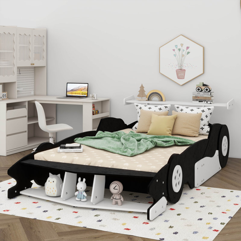 Dynamic Full Race Car-Shaped Platform Bed On Wheels, Black