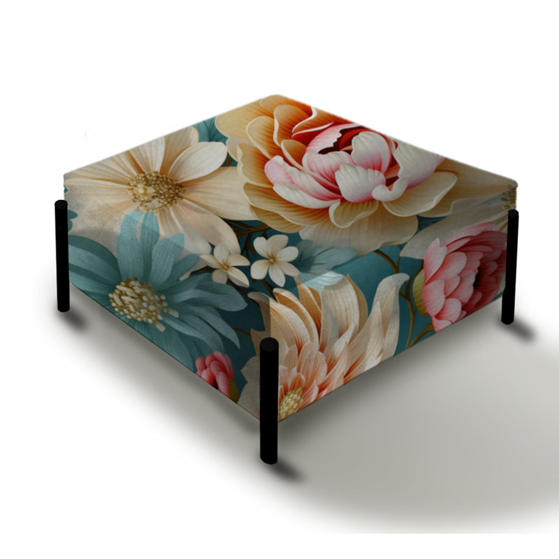 Grand repose-pieds carré antique à motif floral pastel