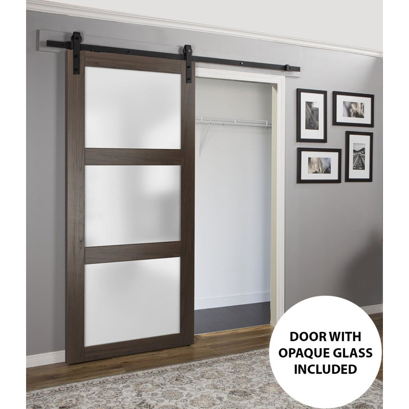 Sturdy Barn Door Frosted Glass Lucia 2552 Chocolate Ash 6.6FT Rail Hangers Heavy Hardware Set Solid Panel Interior Doors-32" x 80"-Black Rail