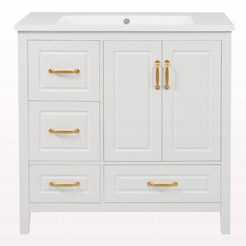 Meuble-lavabo 36 po avec lavabo, une armoire avec portes à fermeture douce, 4 tiroirs à fermeture douce, poignées en métal, blanc