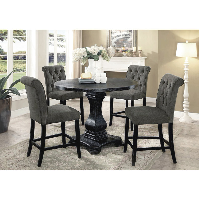2 chaises de salle à manger rembourrées en tissu, noir et gris antique, avec boutons, coussin rembourré, bois massif, chaises avec possibilité de pièce (de 2), dossier, Rareté