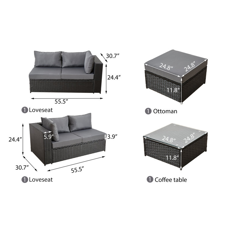 Ensemble de conversation modulaire avec coussins 4 pièces Idara, gris, Noir