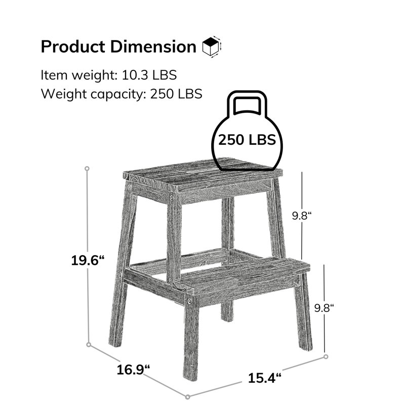Wood Two Steps Stool Small Size Rectangle