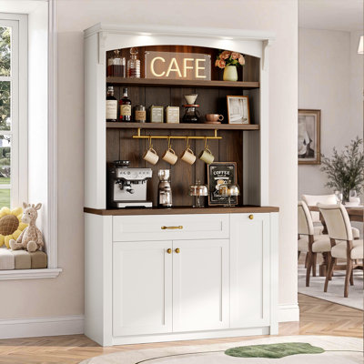 72" Tall Coffee Bar Cabinet with Storage, Power Outlet & LED Lights, Farmhouse Coffee Station Cabinet with Arched Top, 2 Drawers, 4 Hooks and Adjustable Shelf, White