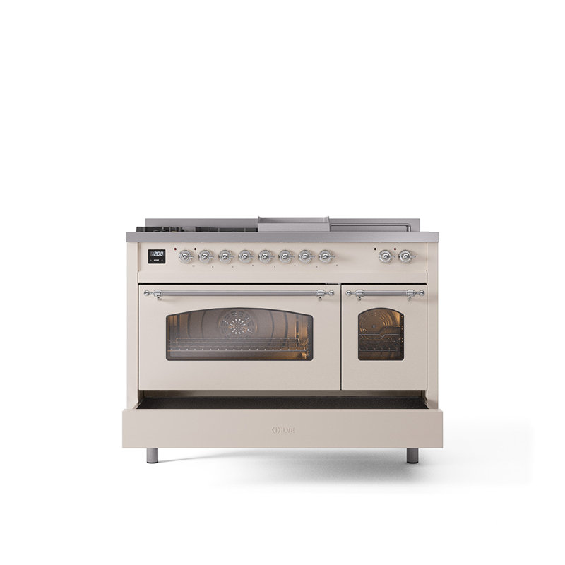 ILVE Nostalgie II Series 48 inch Dual Fuel Range with 5 Sealed Burners, Griddle, Frenchtop (Glass Door), Antique White/Chrome