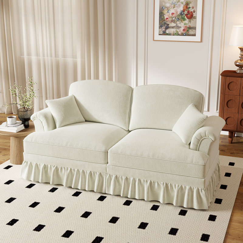 Beige Chenille 2-seater Sofa With Removable Skirts, Beige