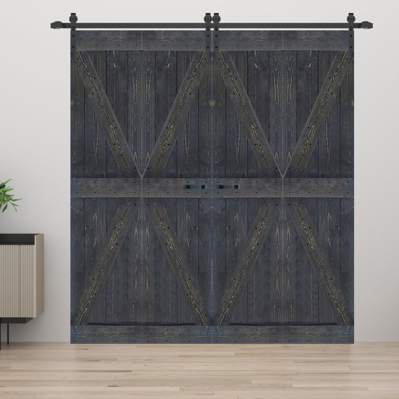 Porte de grange double pliante en bois massif de style K avec ensemble de quincaillerie - Assemblage requis, Gris carbone