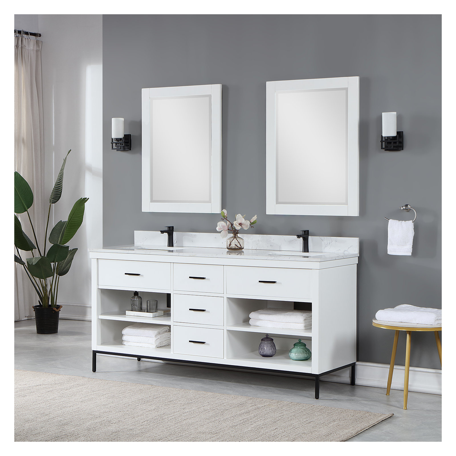 Kesia 72'' Double Bathroom Vanity, Matte Black, White