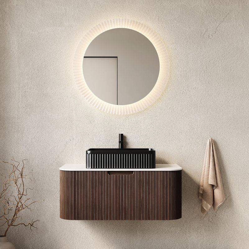 Meuble-lavabo mural de 91 cm (36 po) avec fini rayé 3D en noyer foncé, comptoir en céramique, tiroir à fermeture amortie, lavabo rectangulaire, armoire et préperçage pour robinetterie.