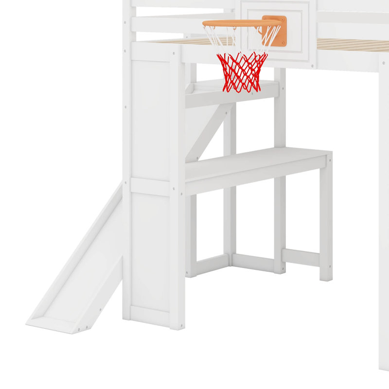 Loft Bed With Slide & Stairs & Desk, Wooden Loft Bed With Basketball Hoop, High Loft Bed With Guardrails & Storage Racks