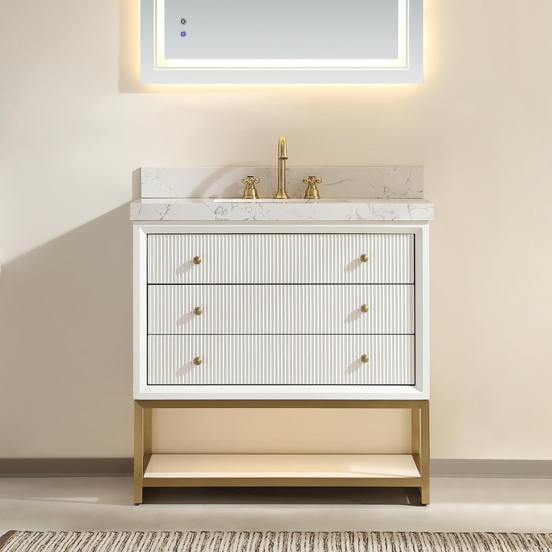  Meuble-lavabo autoportant 36 po avec base à DEL, 3 tiroirs cannelés, plateau en pierre d'ingénierie et structure en métal doré
