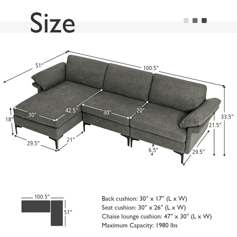 Upholstered Sectional, Gray Linen