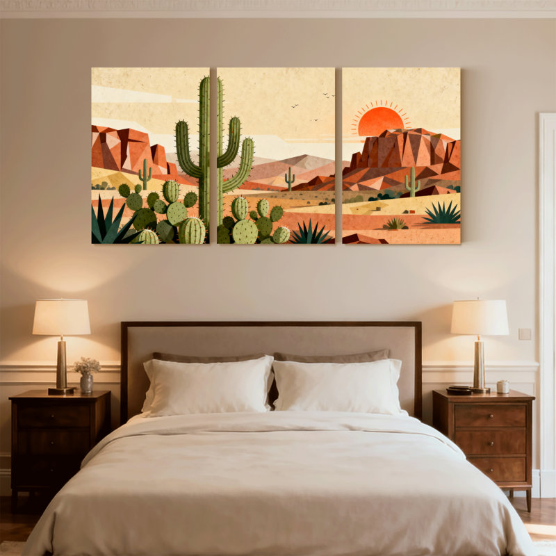 «Landscape & Nature Desert Landscape Cactus Sunset Reflections Mountains Sky Birds», ensemble de 3 impressions sur toile