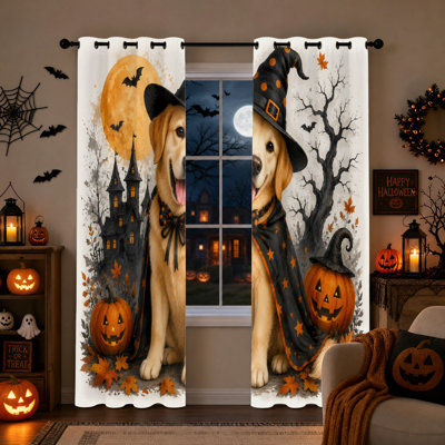 2Pcs Halloween Dog Witch Blackout Curtains, Spooky Pumpkin Castle Moonlight Thermal Insulated Noise Reducing Window Drapes, Festive Holiday Home Decor for Living Room Bedroom