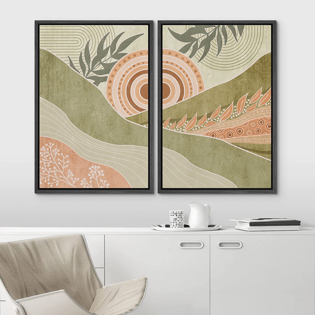 Mid Century Modern Boho Pastel Green Abstract Landscape Valley  Framed Canvas 2 Piece Print Wall Art IDEA4WALL Frame 