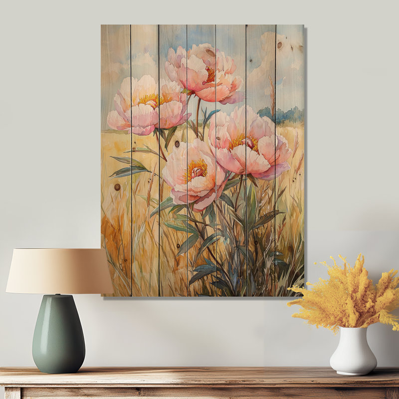 Peonies In The Summer Field I - Peonies Wood Wall Decor - On Natural Pine Wood, 20" H x 10" W x 0.78" D