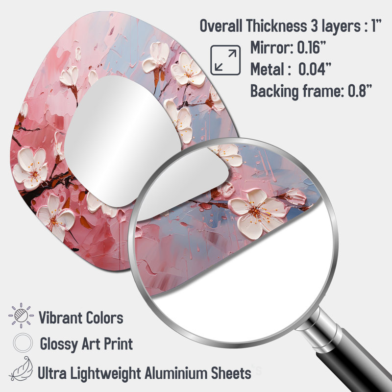 Kyrie blanc et rose cerisier Bloom III - miroir mural de forme unique cerise, miroir décoratif asymétrique rose, impression sur métal