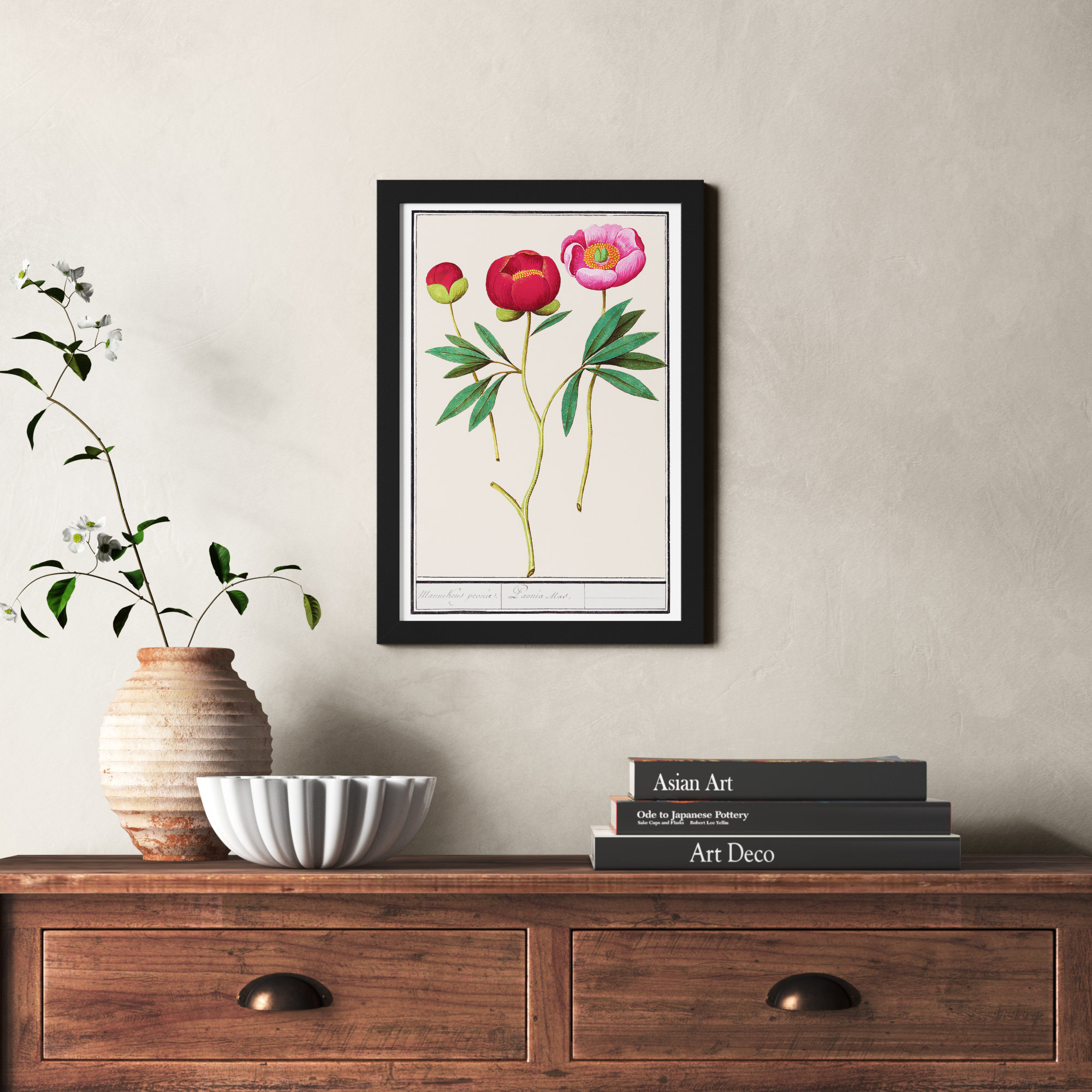 Red And Pink Peony Botanical Study by Oliver Gal, 17" H x 12" W, Black