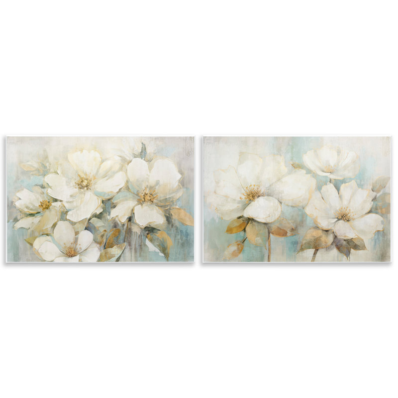 Ensemble de 2 plaques murales mixtes de fleurs blanches subtiles, design par Andrea Haase, H 10 po x l 15 po