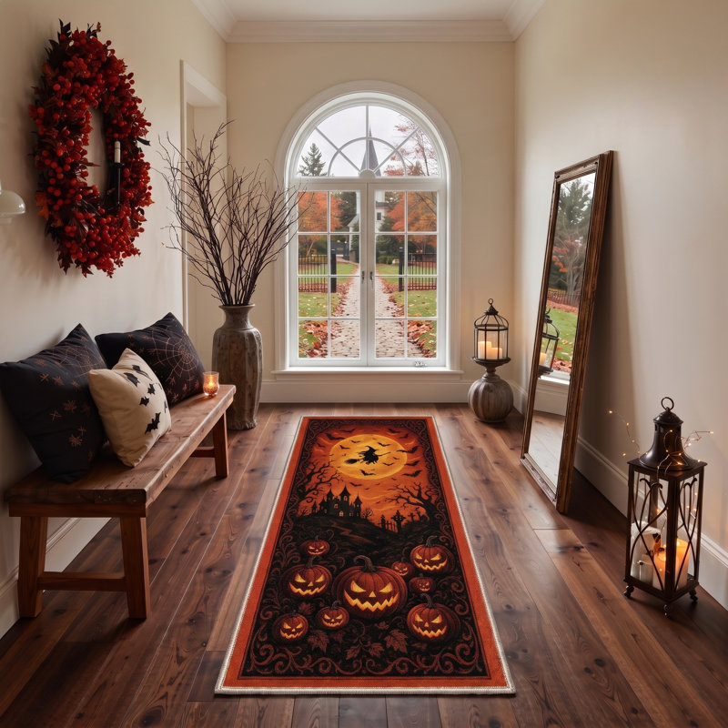 Tapis d'Halloween céleste, noir et orange, lavable à la machine, à poils courts, antidérapant