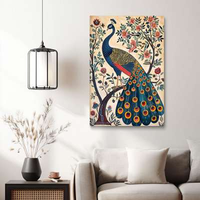 Bohème «paon orné sur un arbre floral (ton vibrant)» art mural tendu sur toile tendue paon pour studio éclectique