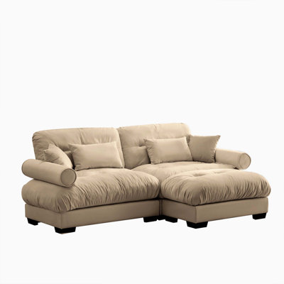 Round Bolster Armrest Matching Ottoman Multi Pillow Small L Shape Oversized Velvet Two Seater Sofa For Reading Room Loft Bedroom
