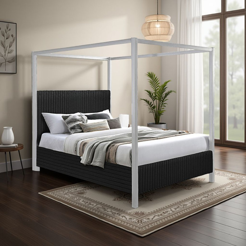 Keri Canopy Bed, Slatted Wood Frame, , King, White