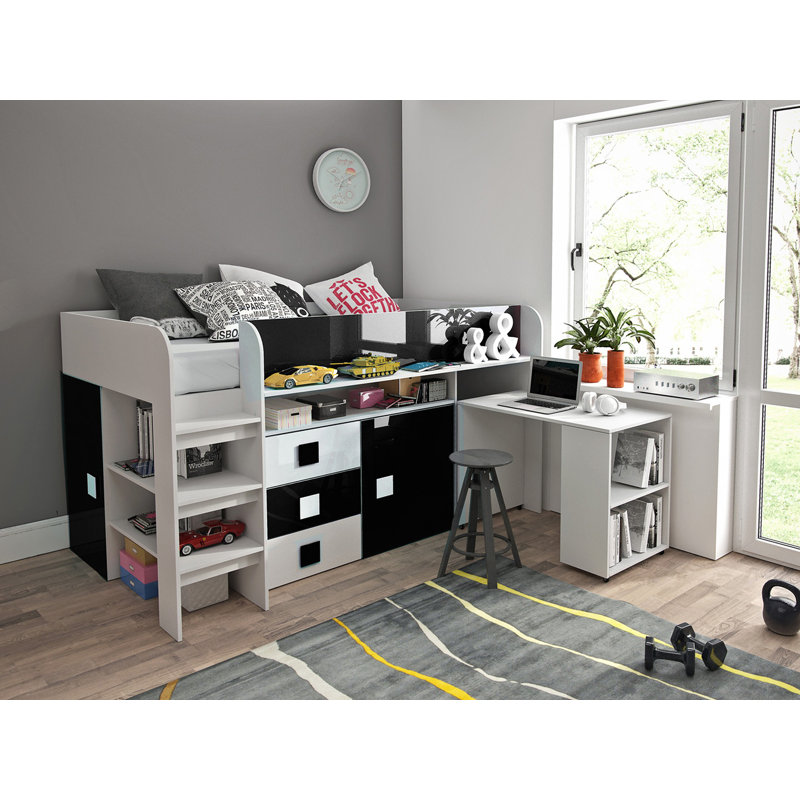 Ezell European Single (90 X 200 Cm) Loft Bed with Storage Included with Desk Included, Black/White