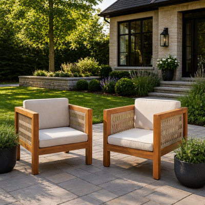Ensemble de fauteuils club d'extérieur en bois d'acacia durable, conception à accoudoirs en corde avec coussins, capacité de 400 lb pour le patio et le jardin