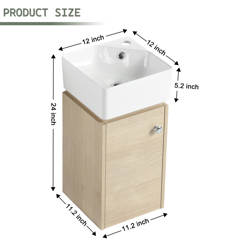 Petit meuble-lavabo 12 po avec comptoir en céramique et porte à fermeture en douceur, Naturel
