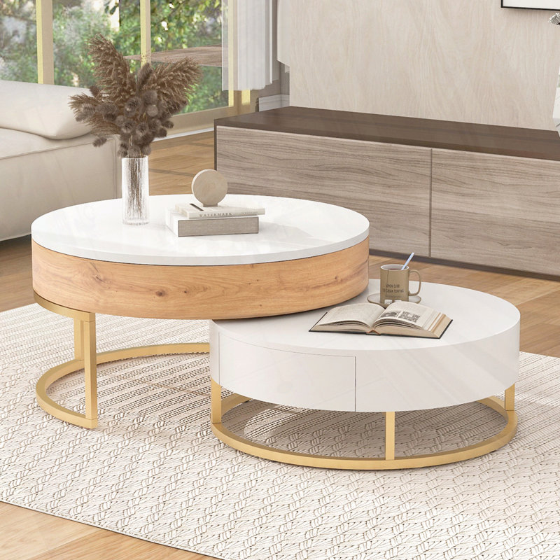 Tables basses gigognes Modern Modern, Bois de chêne naturel / blanc antique, Doré