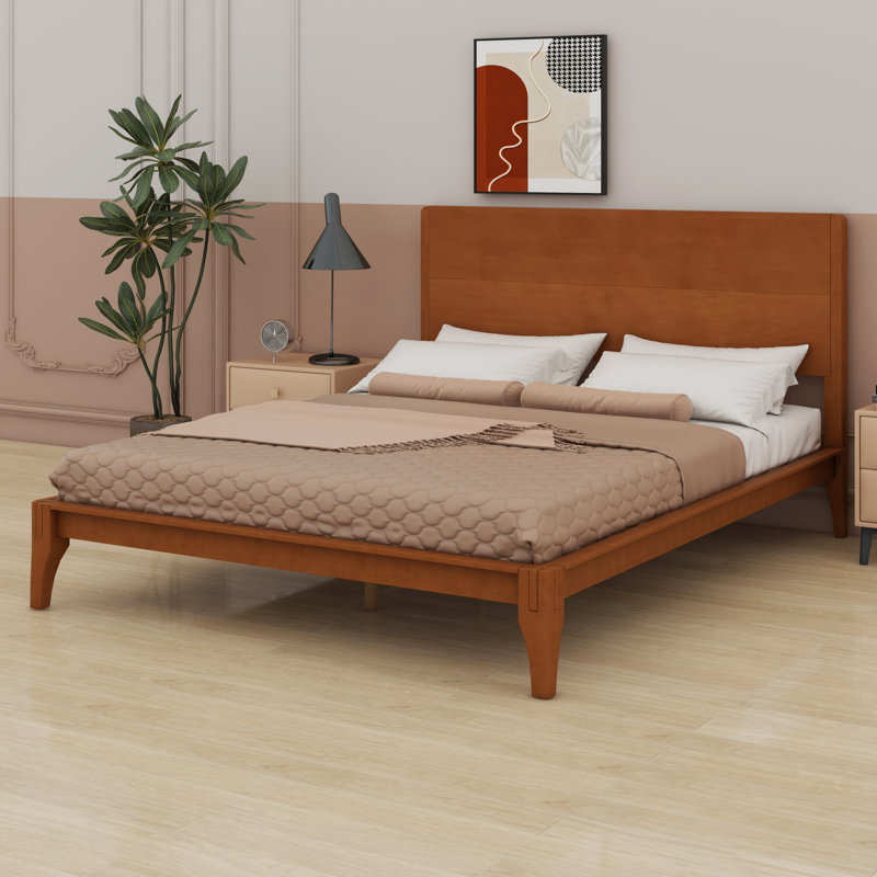 Lit plateforme moderne en bois avec support à lattes, Lit double, Brun