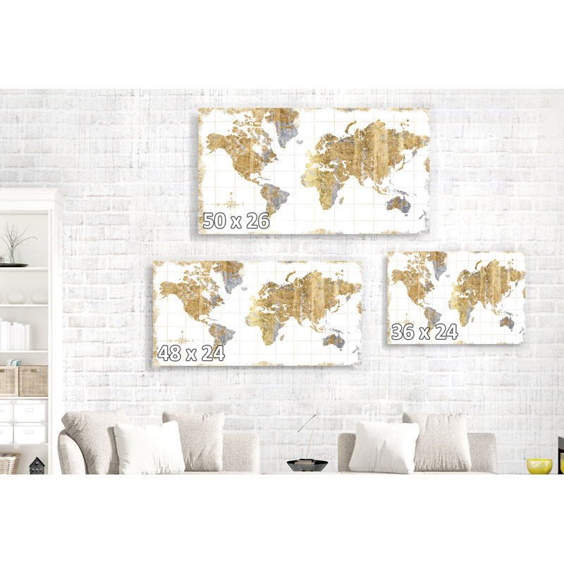 Carte du monde, doré sur blanc, H 24 po x l 36 po x P 1,5 po