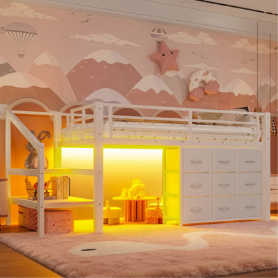 Lit simple mezzanine bas avec plusieurs espaces de rangement, y compris des tiroirs en tissu, des tablettes en tissu à côté du lit, des escaliers de rangement, un lit mezzanine en métal avec lumières et de grands espaces sous le lit, noir