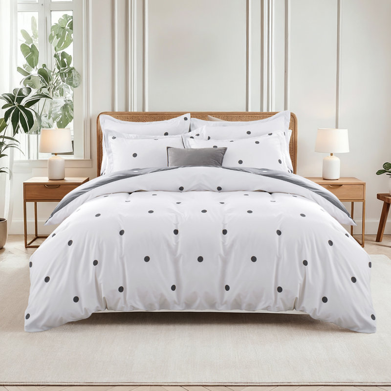 Dual Pattern Reversible Brushed Microfiber Printed Duvet Cover Set With Matching Pillow Covers, White/Black Polka Dots