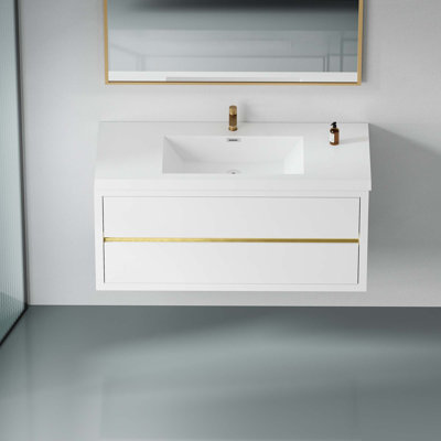 Meuble-lavabo mural avec lavabo, armoire de rangement flottante avec comptoir en résine de pierre et tiroirs à fermeture en douceur