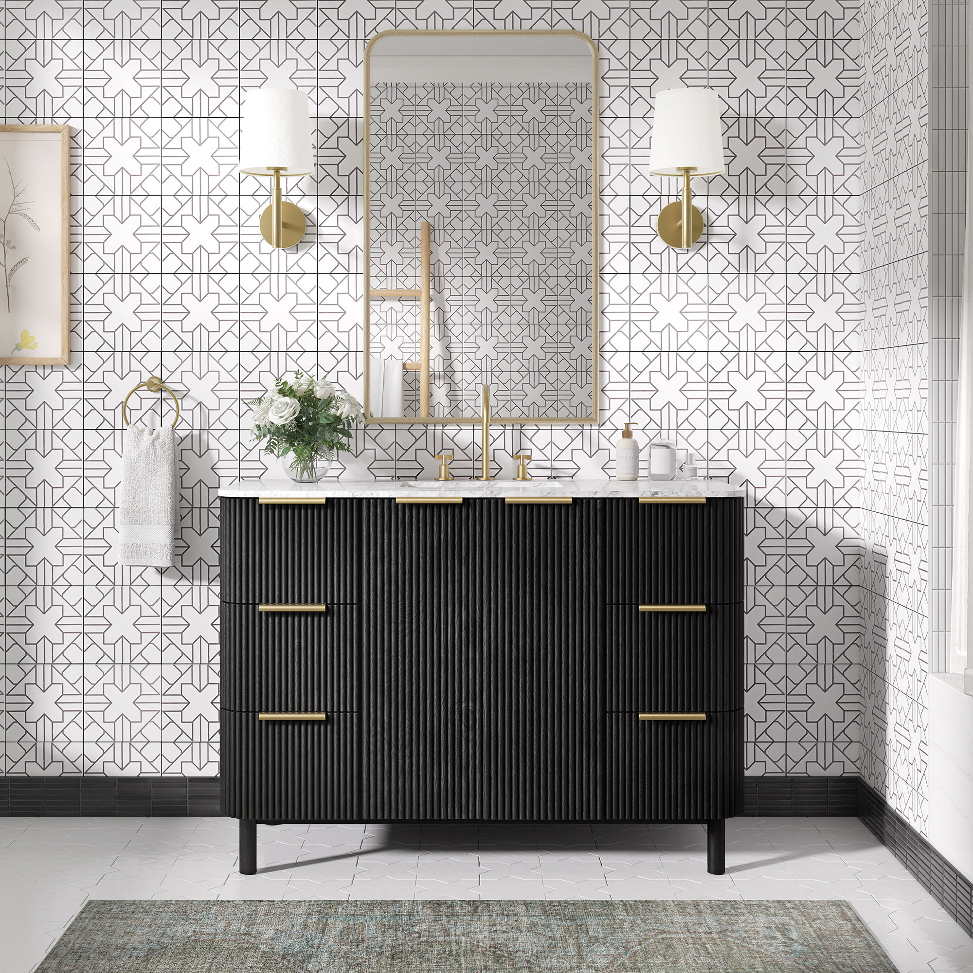 Nova 48" Single Bathroom Vanity Set, Black Reeded Birch