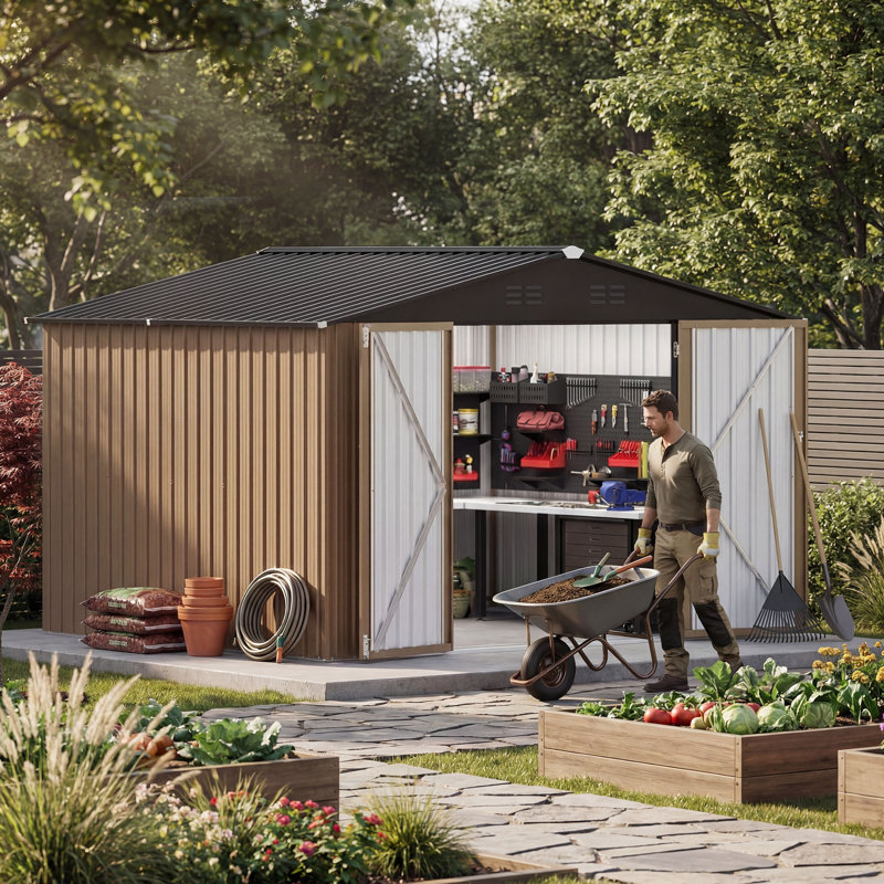 Balconera 10'X8' Large Metal Outdoor Storage Shed, Brown