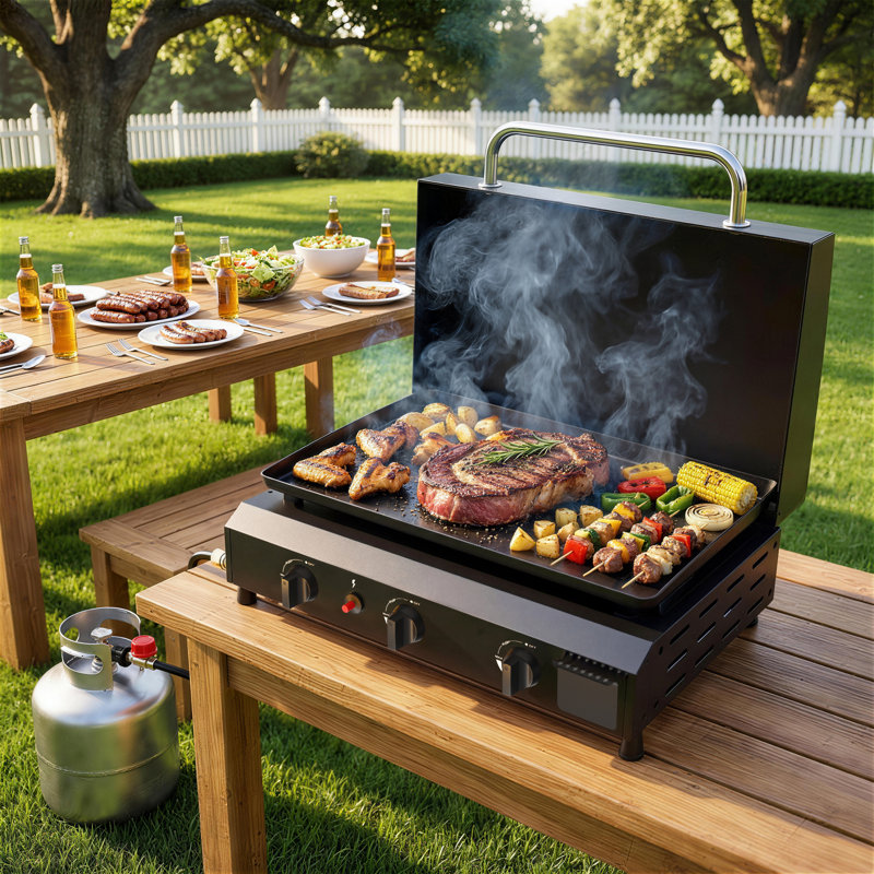 SKOK 3 Burner Gas Griddle,23.3''Outdoor Propane Griddle with Hood,Portable Flat Top Gas Grill for Camping, Matte Black
